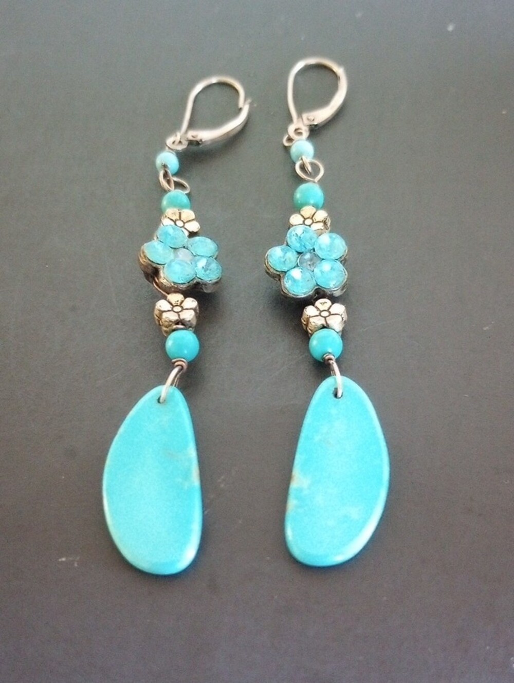 DESIGNER SIGNED STERLING SILVER TURQUOISE DROP EARRINGS 3.5" LONG